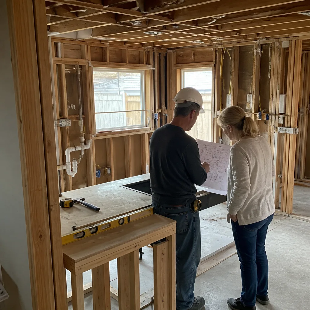 General contractor and homeowner reviewing construction blueprints in a house renovation
