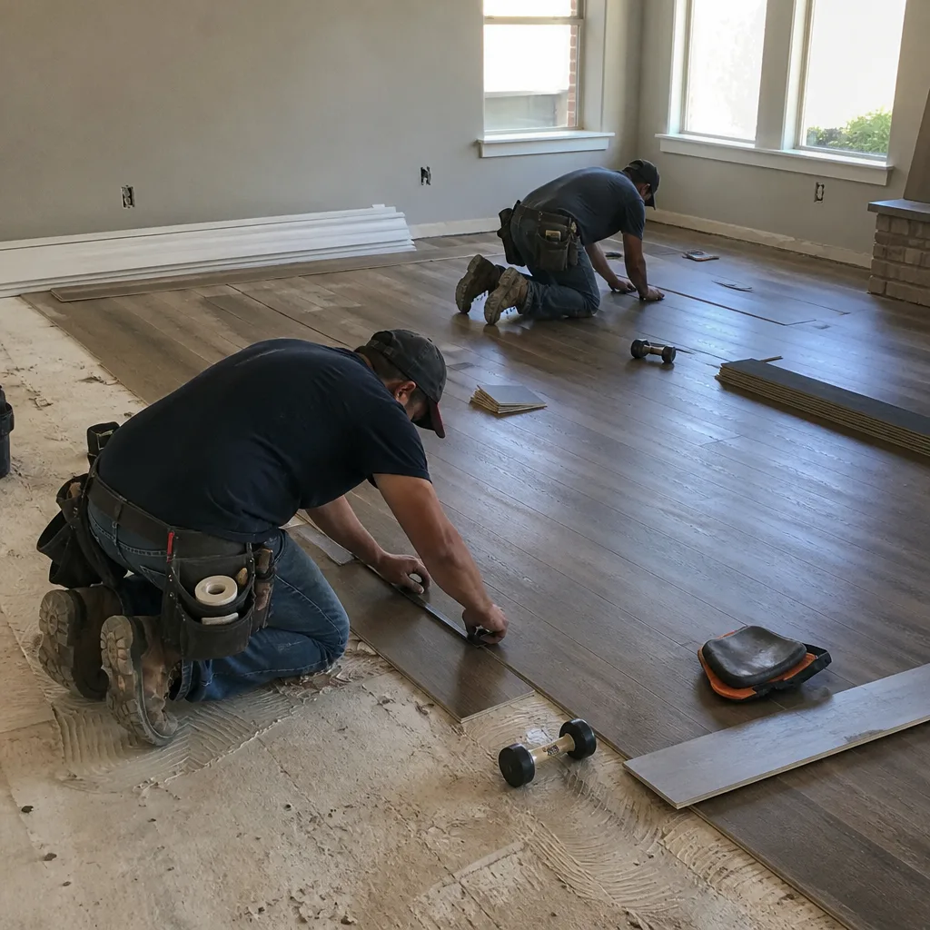 Two professional contractors installing wood plank flooring in a home remodeling project.