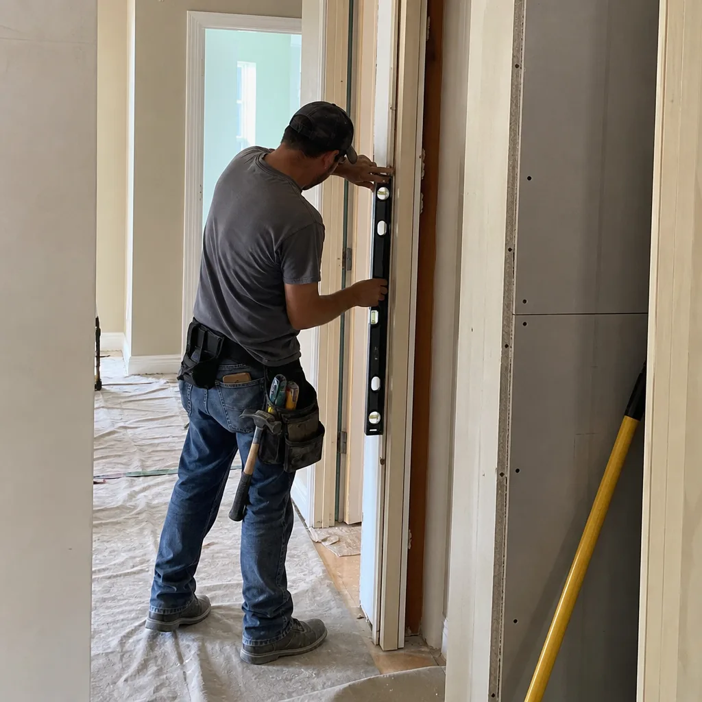 Contractor using a level to install a door frame during home remodeling
