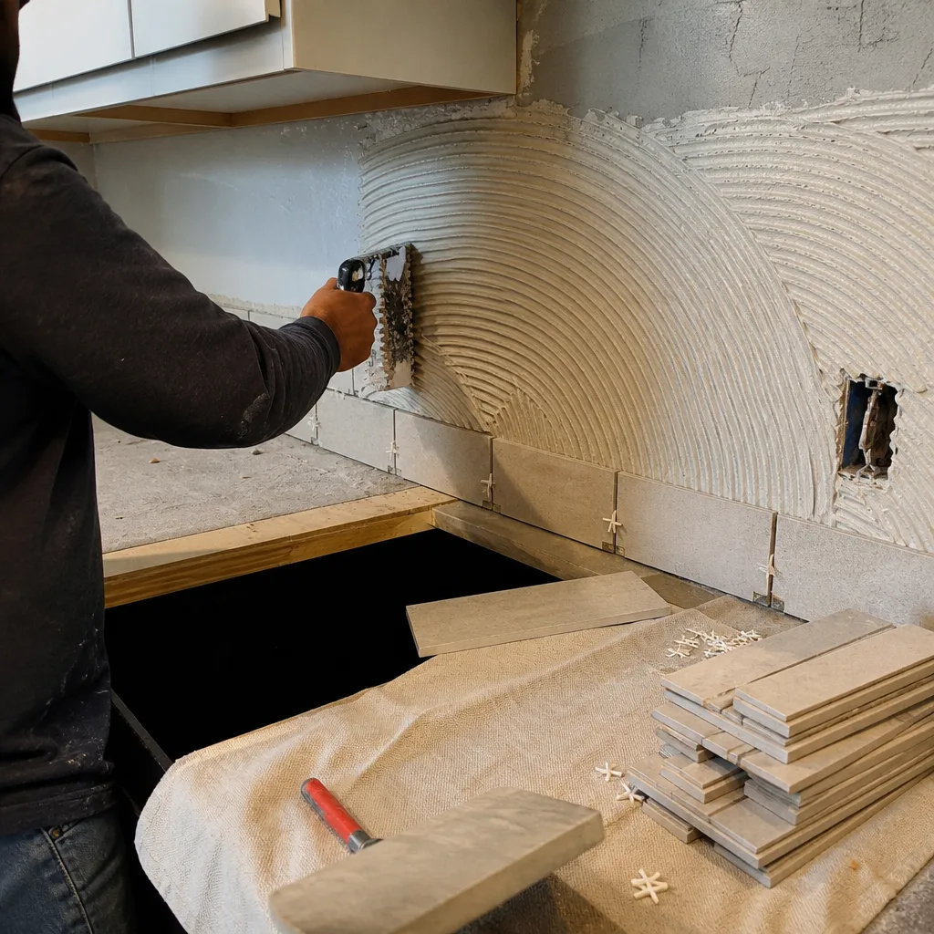 professional installing kitchen backsplash tiles with mortar and notched trowel