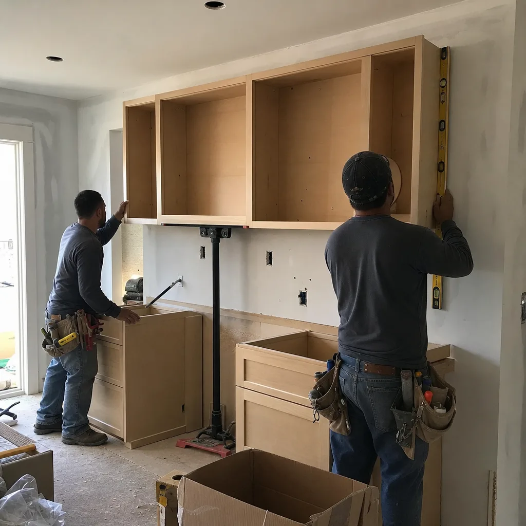 Two professional contractors installing custom kitchen cabinets in a home renovation