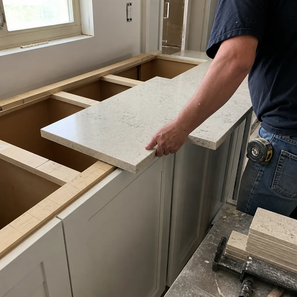 professional contractor installing custom quartz kitchen countertop during renovation