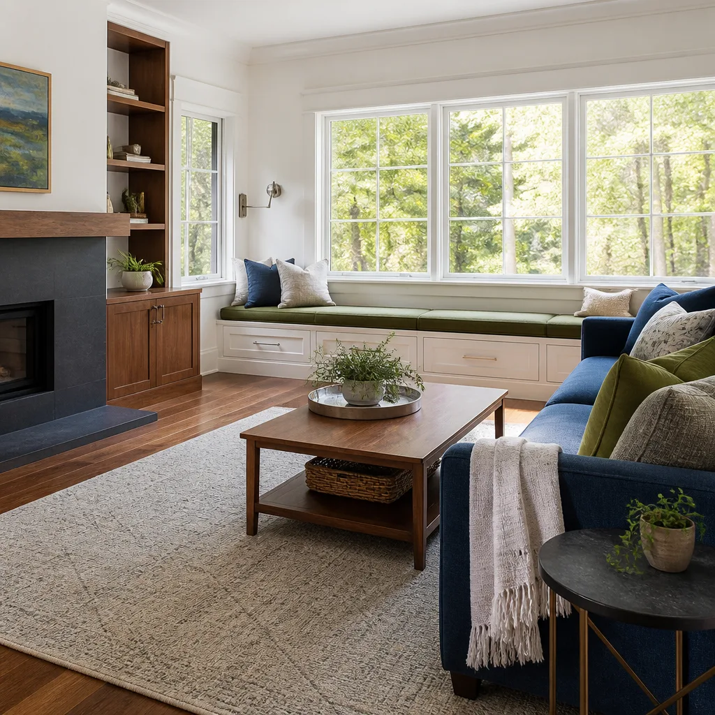 A remodeled family room with new windows and a window seat