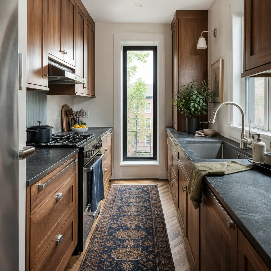 A small remodeled galley kitchen with cabinets to the ceiling