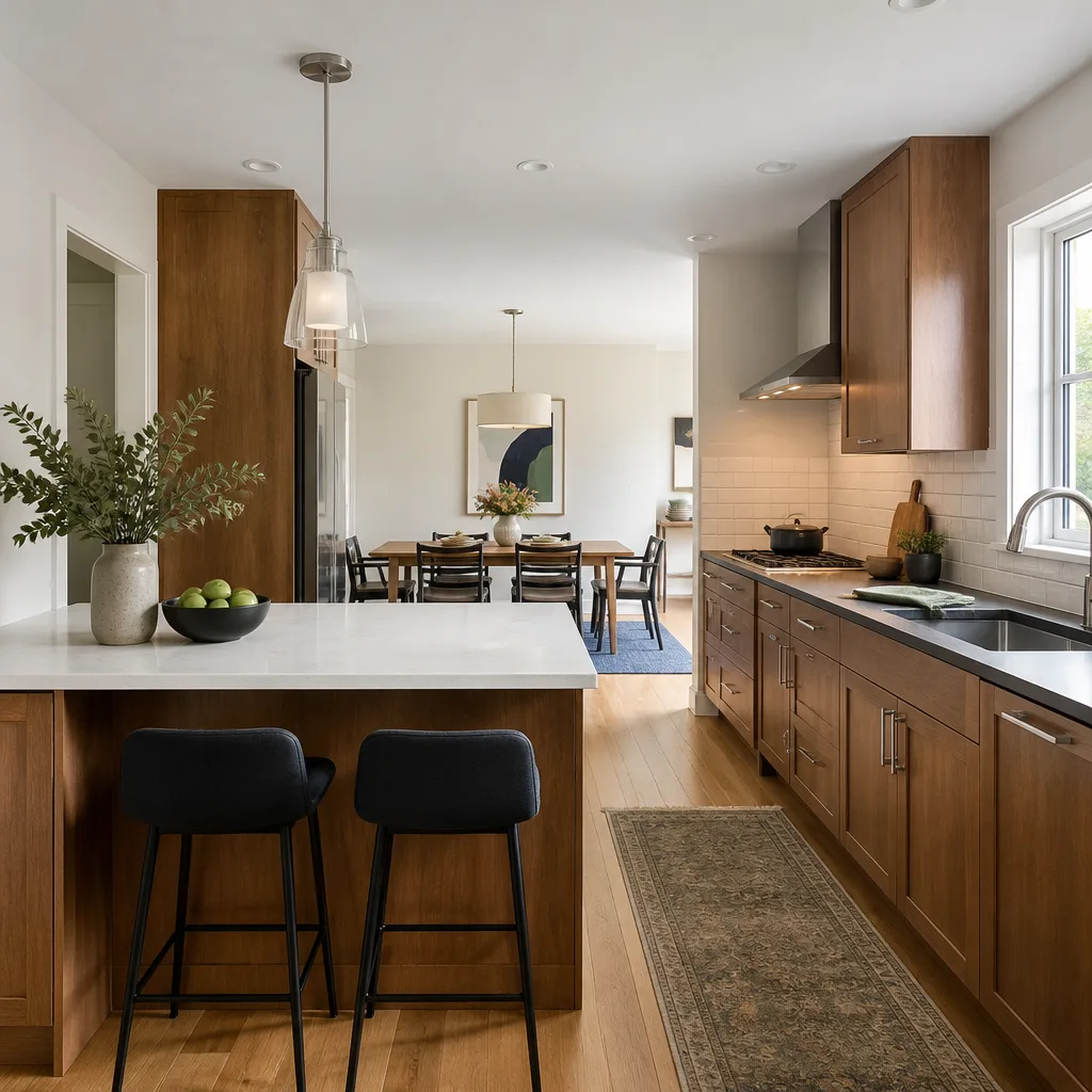 A galley kitchen opened up to the dining room with a new peninsula
